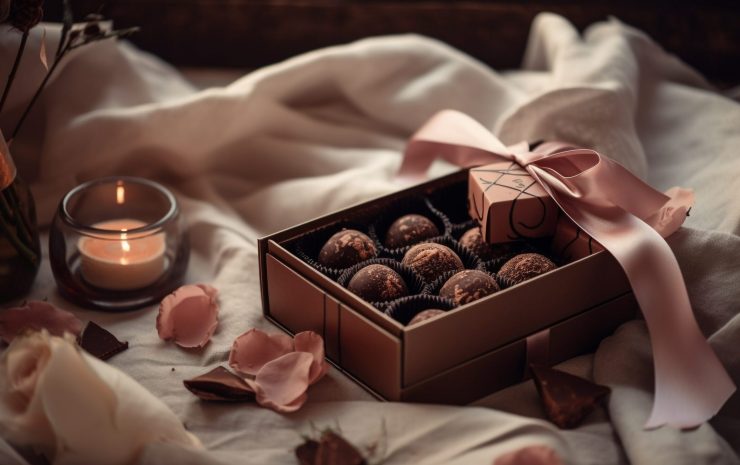 Luxury chocolate box on rustic wood background generated by artificial intelligence